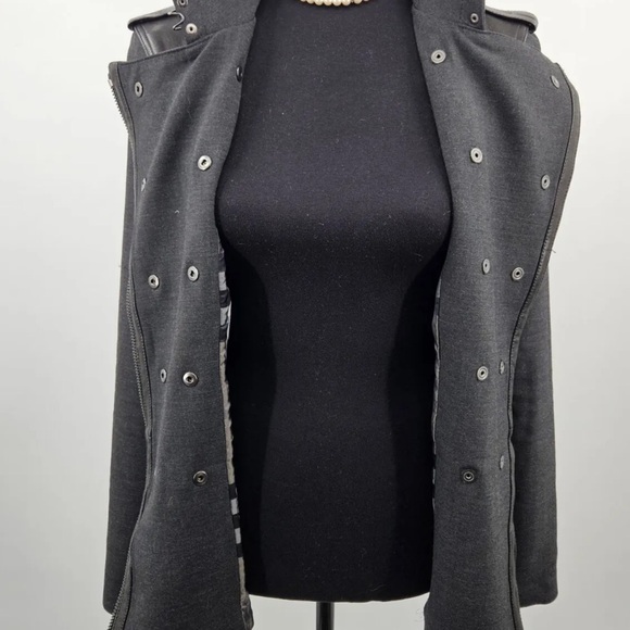 BURBERRY London Double Breasted Dark Gray/ Black Leather Trim Coat Jacket Sz 6 - Picture 3 of 15